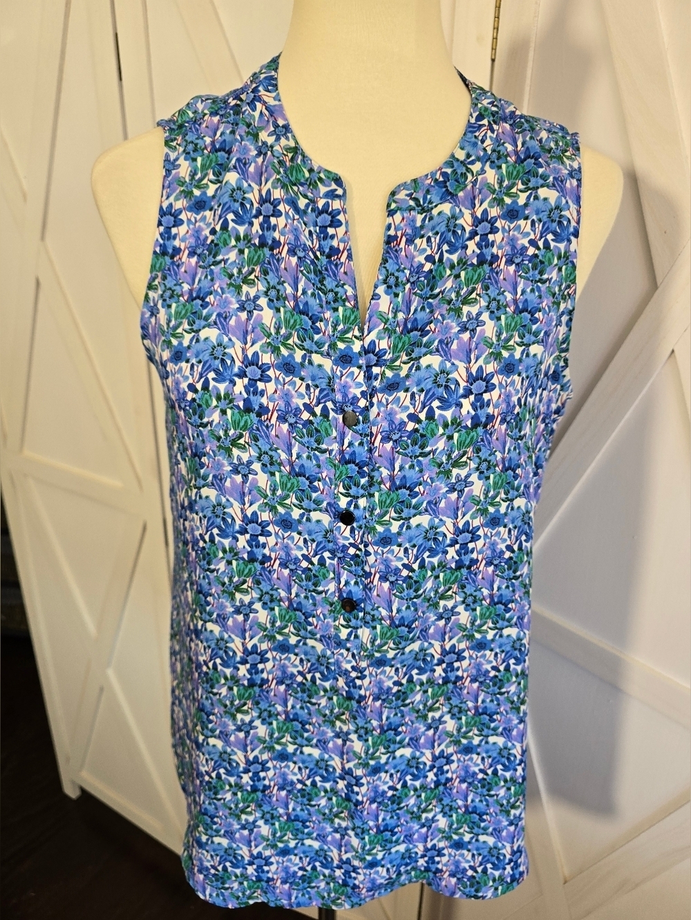 Adrianna Papell Blue Floral Sleeveless Button-Front Women's Top